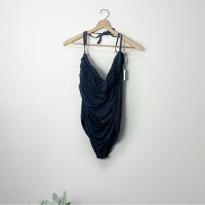 [Calvin Klein] Women's Black Halter Neck Ruched One Piece Swimsuit